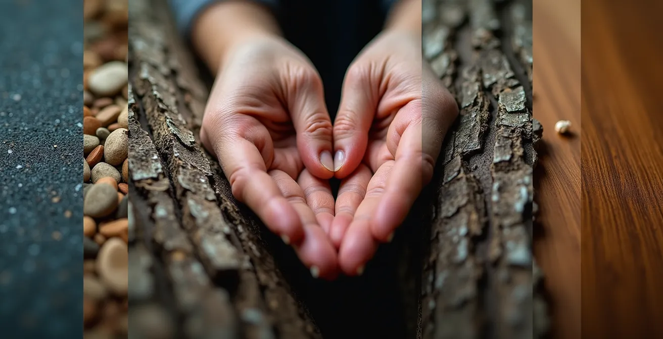 Close-up van handen die verschillende texturen aanraken voor zintuiglijke aarding