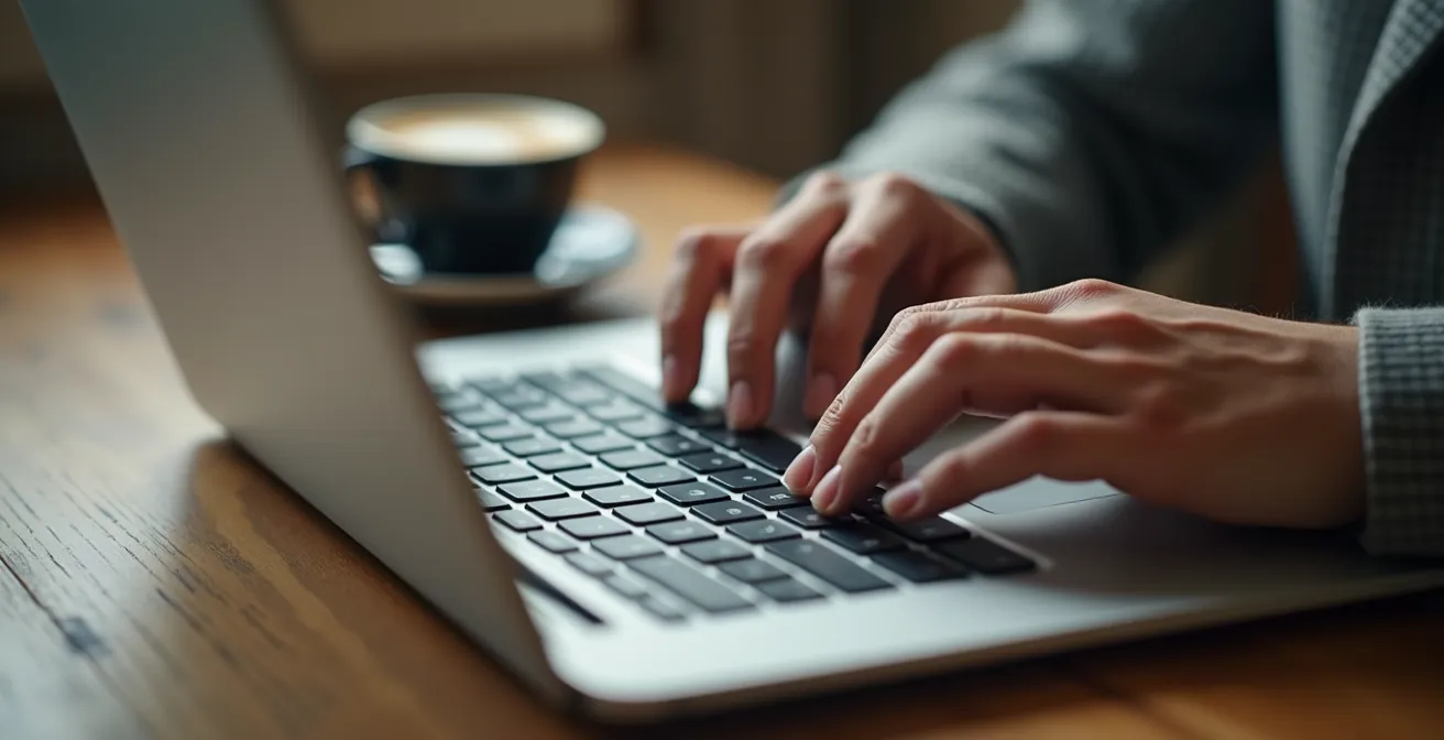 Close-up van handen die een gestructureerd weekrapport schrijven op een laptop