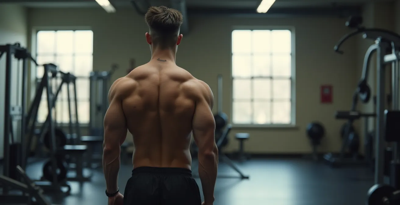 Bodybuilder in contemplatie voor spiegel met focus op mentaal welzijn