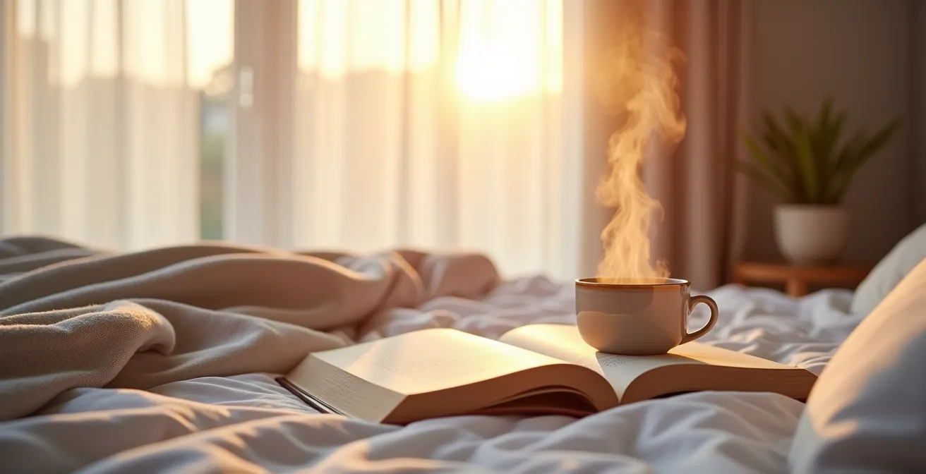 Serene slaapkamer in avondlicht met boek en theekop op nachtkastje