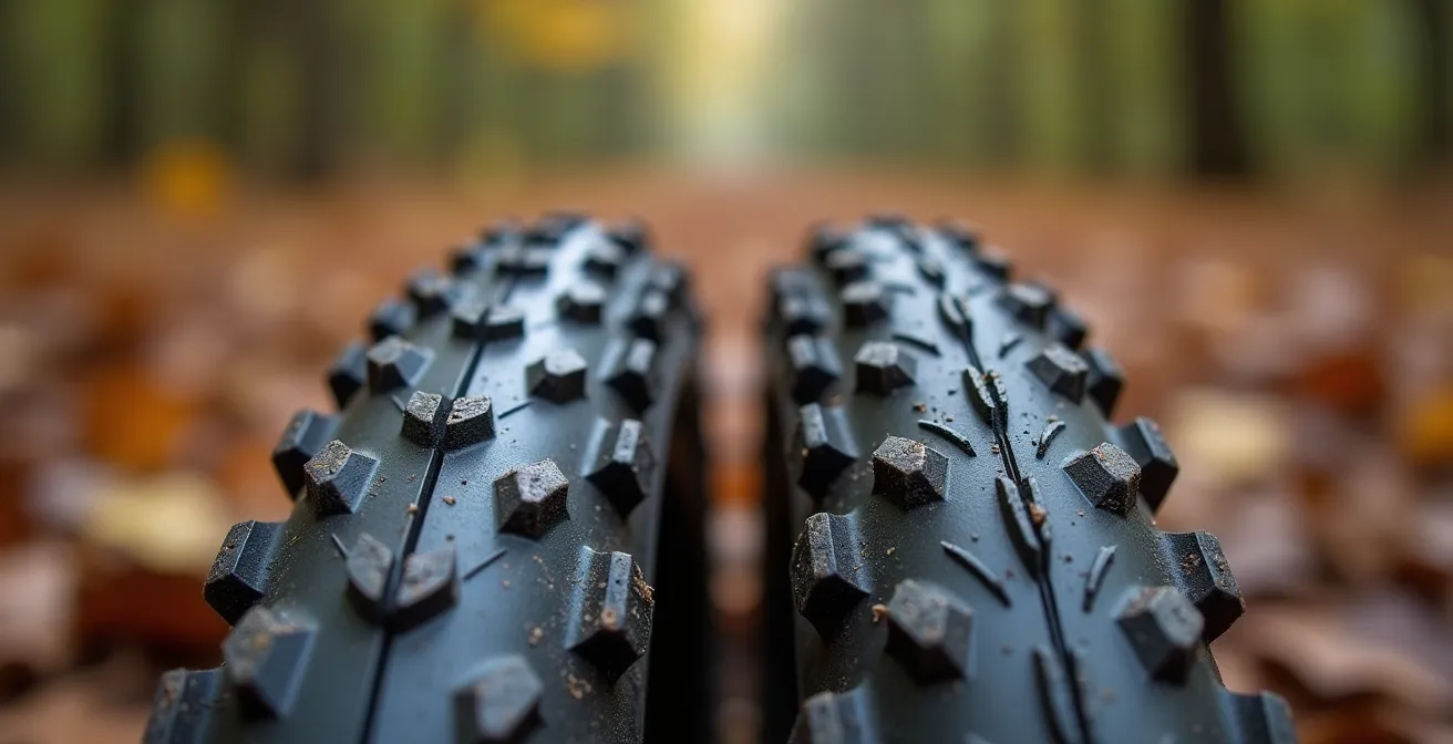 Close-up van gravelbandprofielen voor verschillende Belgische seizoensomstandigheden