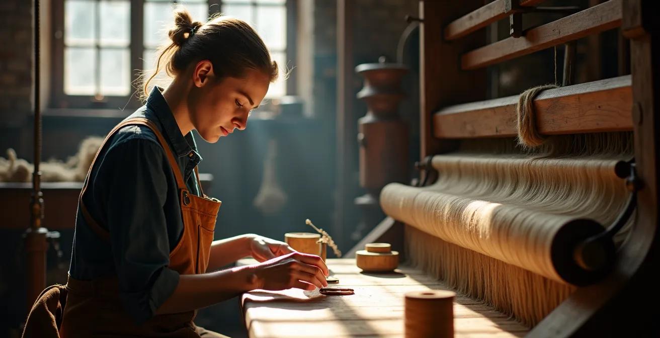 Belgische ambachtsman aan het werk in traditioneel textieatelier met historische elementen