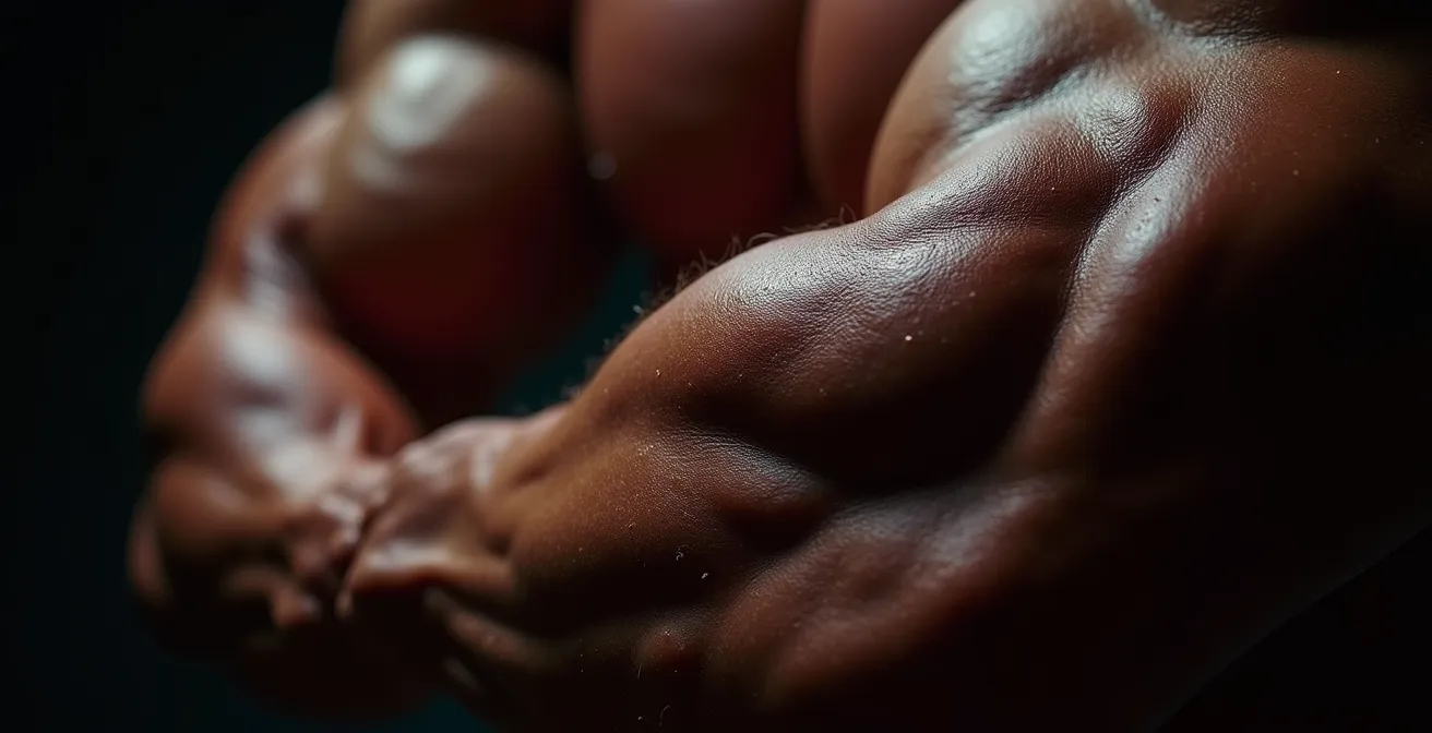 Close-up van gespannen spieren tijdens het vasthouden van een pose