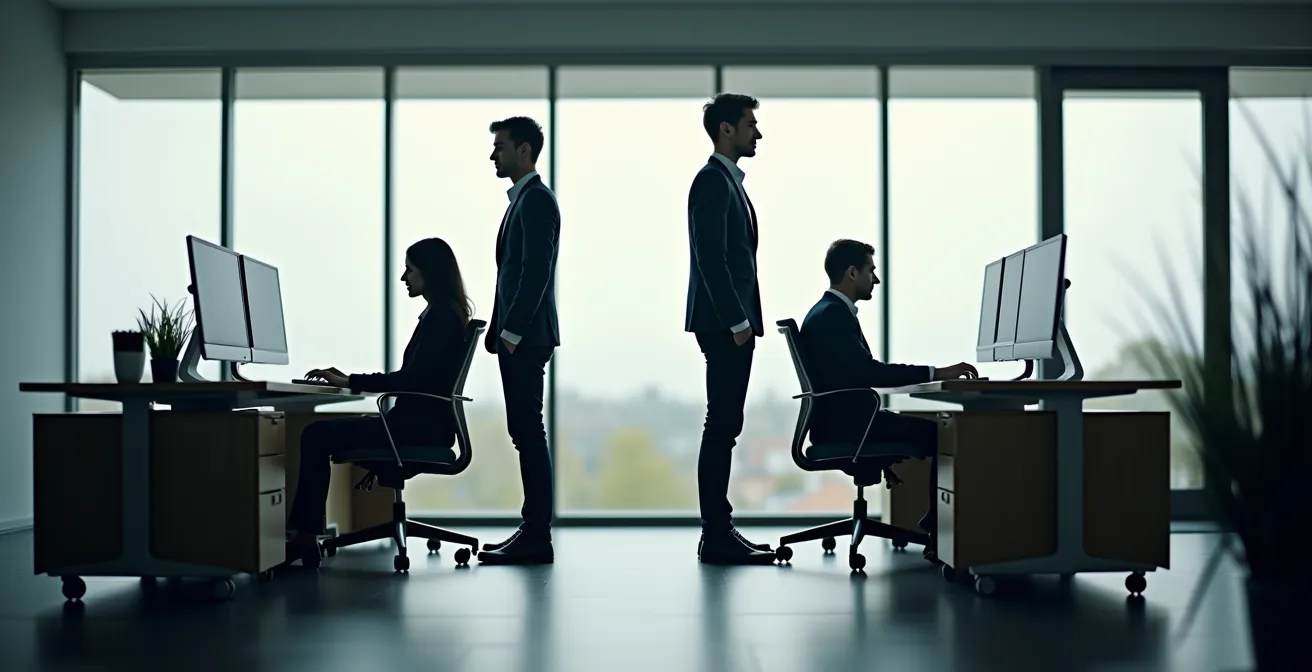 Kantoorwerker voert schouderbladoefening uit tussen werkzaamheden door