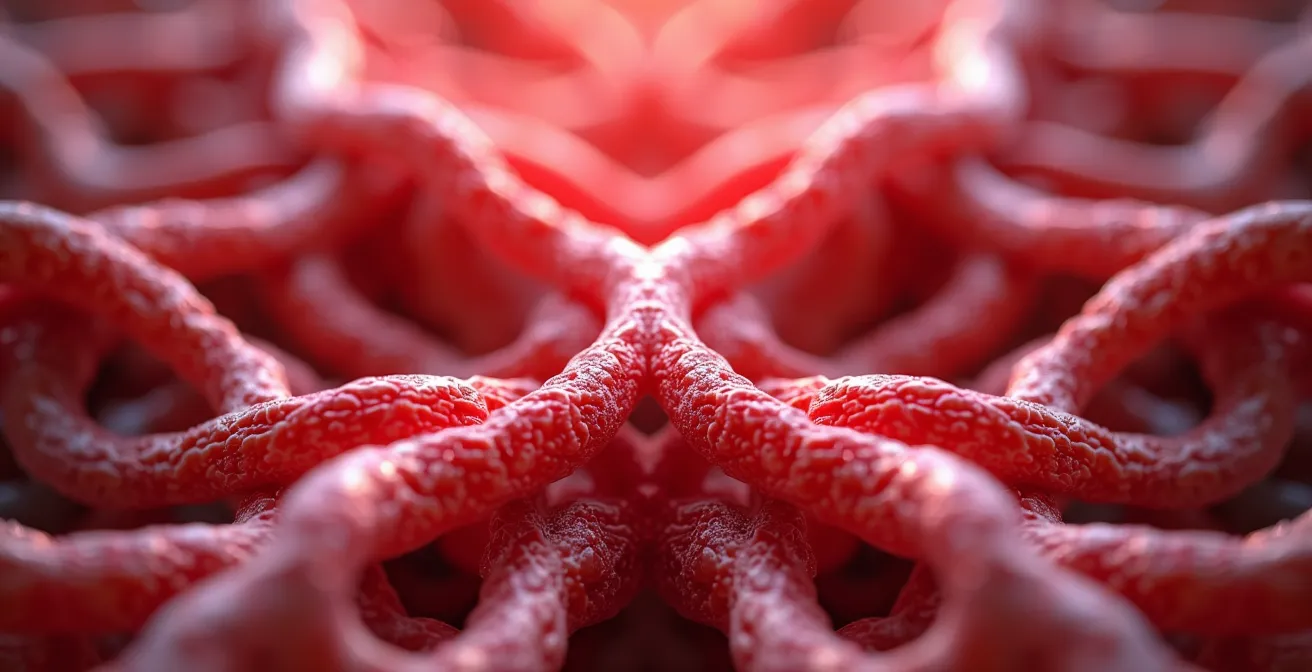 Macro-opname van spiervezels met zichtbare bloedvaatjes tijdens herstelproces