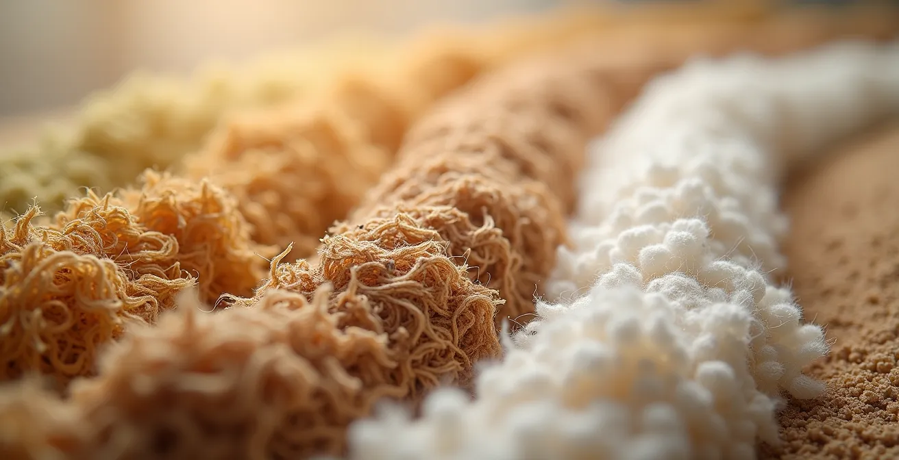 Detailopname van de vezelstructuur van hennep en houtwol, die de natuurlijke en circulaire essentie van deze materialen illustreert.