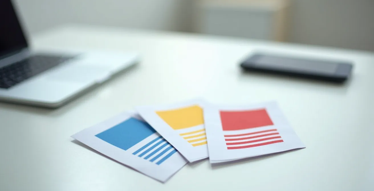 Bureau met drie gestapelde kaarten voor out-of-office berichten in het Nederlands, Frans en Engels