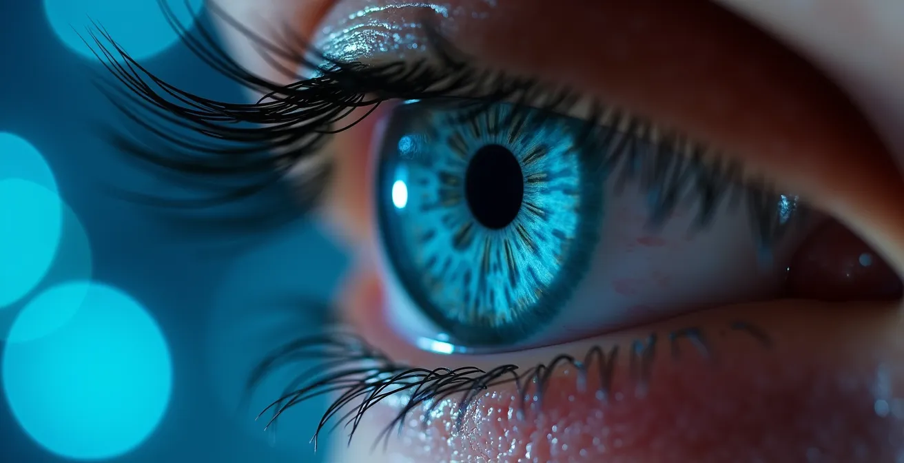 Extreme close-up van vermoeide ogen achter computerscherm reflectie