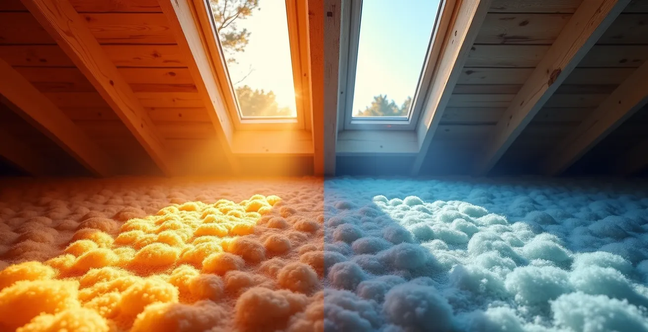 Vergelijking van warmtedoorgang tussen schapenwol en glaswol tijdens een hete zomerdag, die het superieure bufferend vermogen van schapenwol toont.