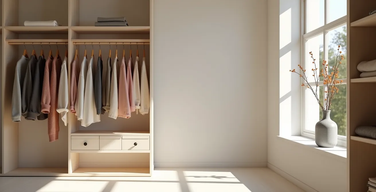 Georganiseerde kleerkast met kledingstukken gesorteerd op kleur en seizoen