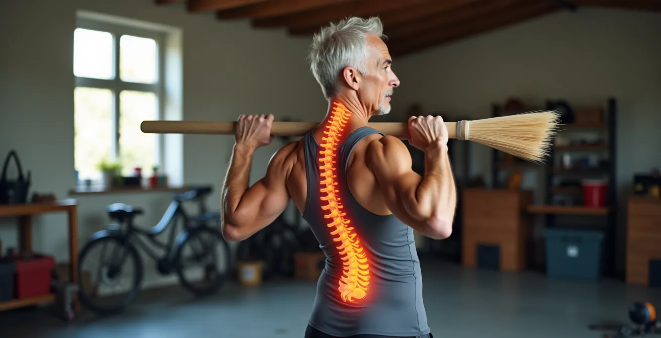 Persoon demonstreert hip hinge beweging met bezemsteel voor correcte deadlift techniek