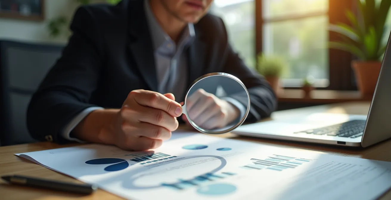 Professionele verhuurder bekijkt documenten met vergrootglas