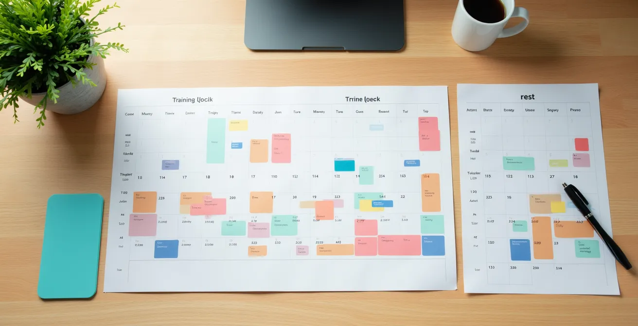 Overzicht jaarkalender met trainingsperiodes en Belgische vakantieperiodes gemarkeerd