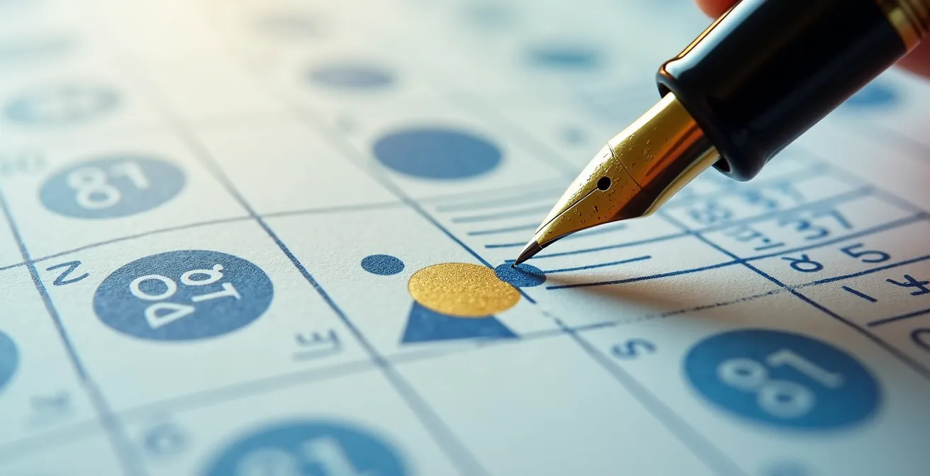 Abstracte weergave van een jaarkalender met belangrijke fiscale mijlpalen gemarkeerd