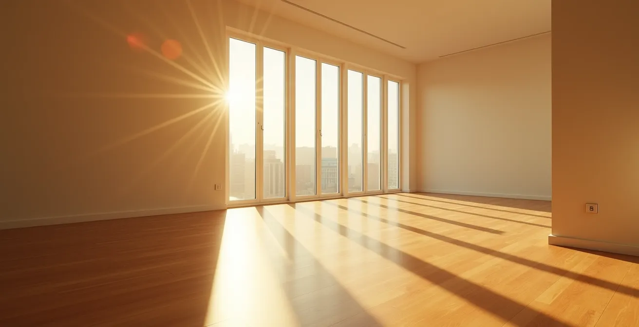 Leeg appartement met zonlicht door ramen dat schaduwpatronen creëert