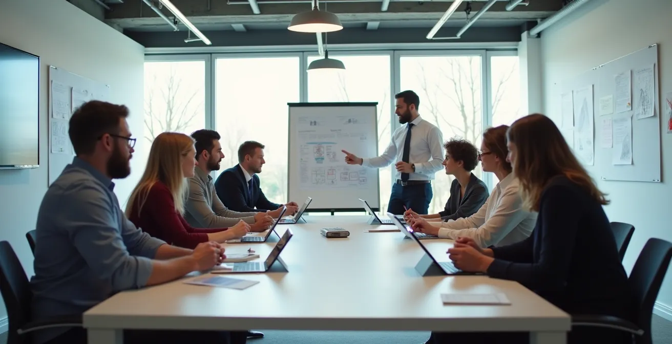 Diverse groep medewerkers tijdens interactieve digitale training sessie