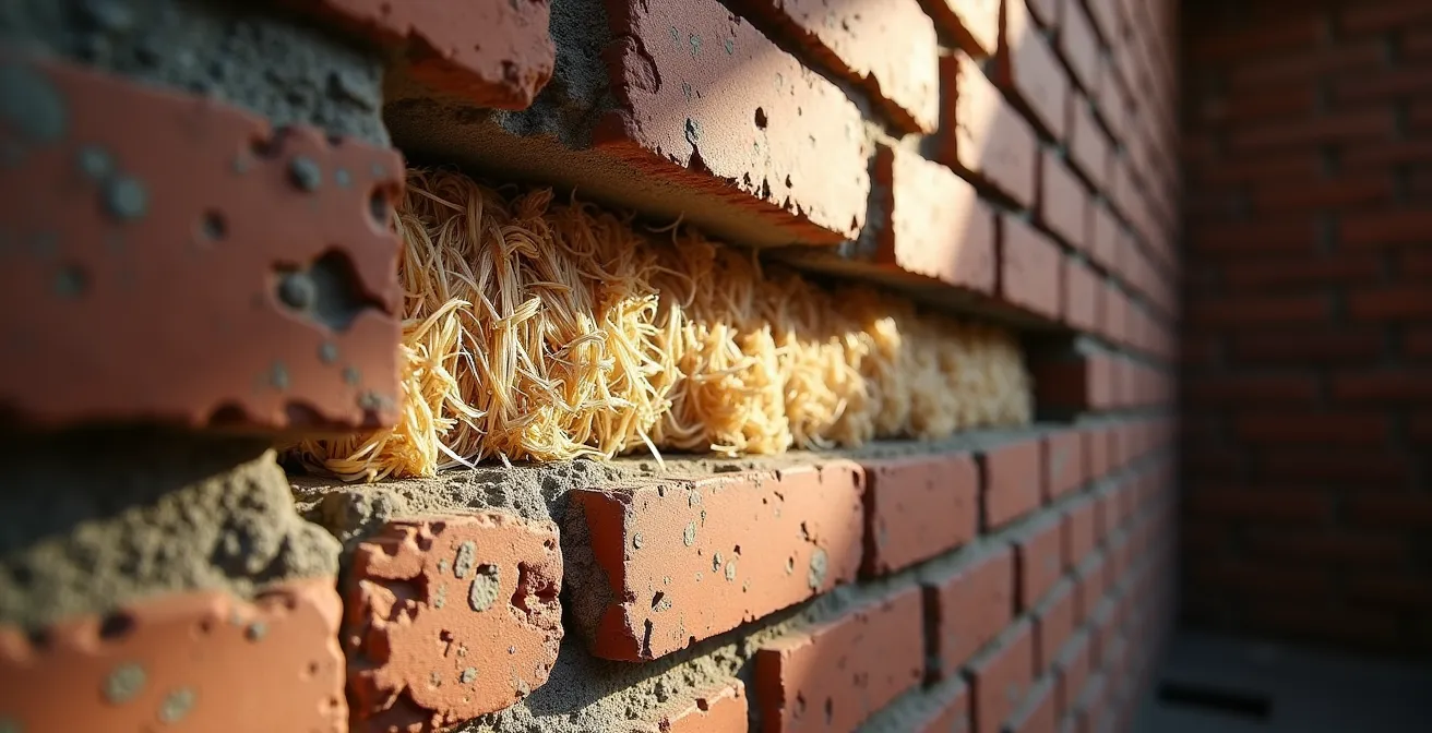 Doorsnede van een oude Belgische bakstenen muur met hennep isolatie zichtbaar