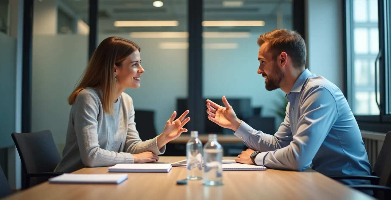 Professionele man en vrouw in vriendelijk gesprek aan vergadertafel met papieren agenda's