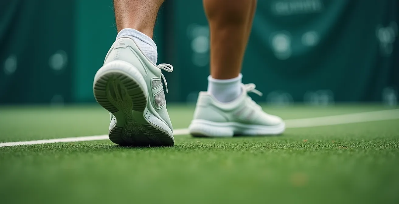 Close-up van correcte voetenwerk bij glaswand tijdens padel