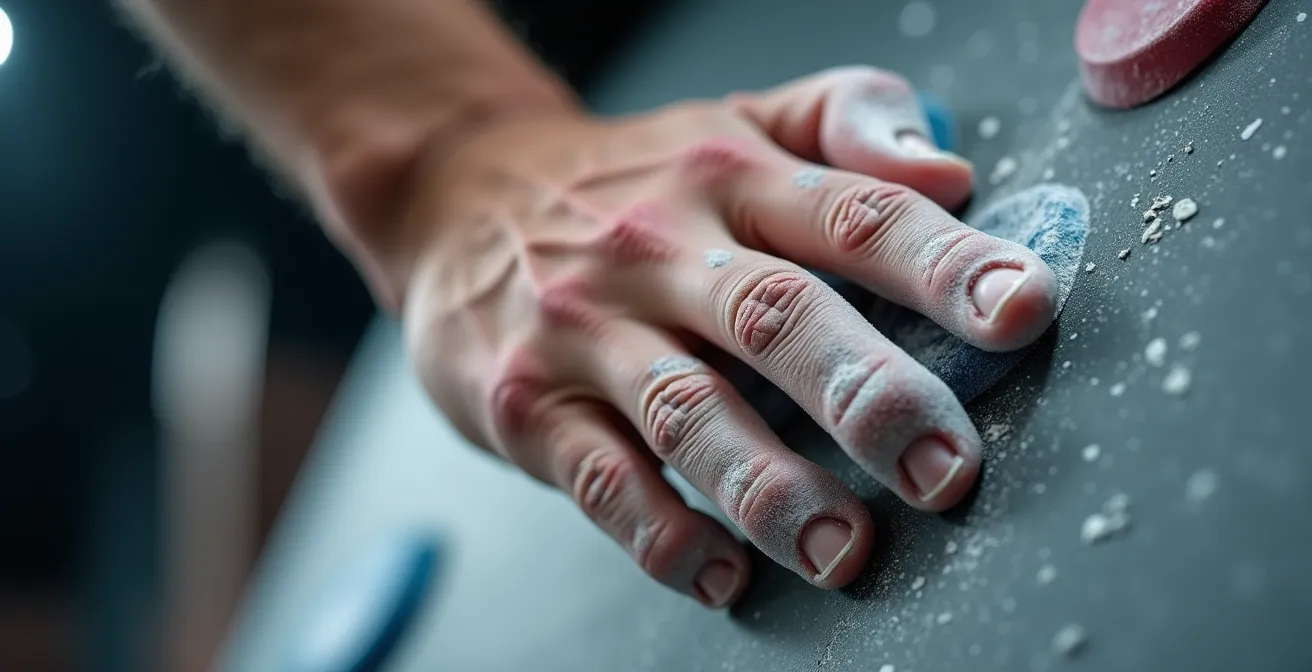 Klimmer oefent specifieke beweging voor 6a route