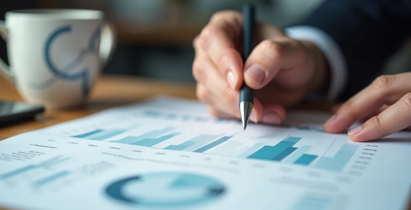 Close-up van handen die cijfers analyseren op papieren met grafische voorstellingen