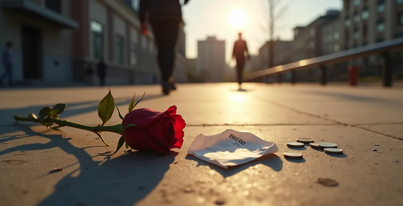 Symbolische weergave van online bedrog met gebroken hart en schaduwfiguur