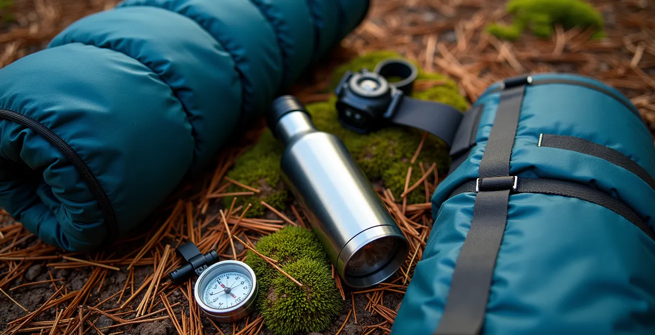 Georganiseerde kampeeruitrusting naast rugzak in bos