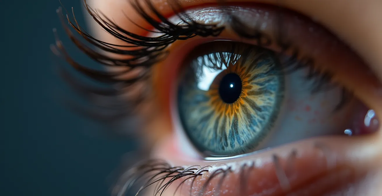 Extreme close-up van geconcentreerd oog met reflectie van één enkele taak