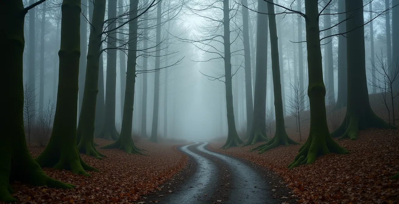 Stil wandelpad door Vlaams bos met ochtendmist