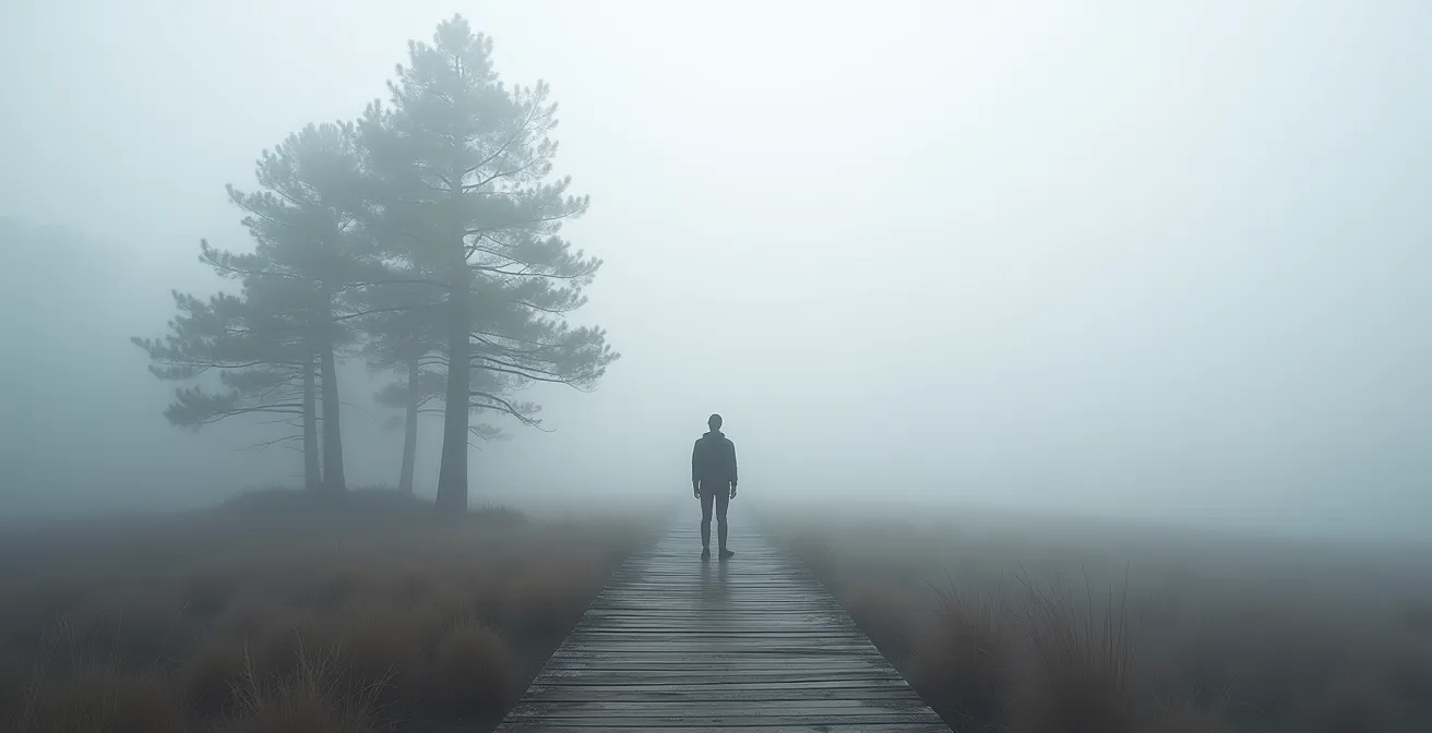 Eenzame wandelaar in mistig veenlandschap ervaart absolute stilte