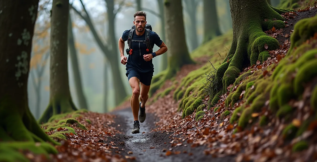 Trailrunner demonstreert de juiste afdalingstechniek op een steile helling in de Ardennen