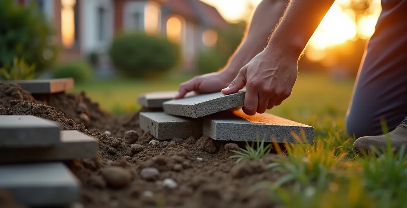 Een onthardingsproject in een typische Vlaamse tuin, waar tegels worden verwijderd om plaats te maken voor groen.