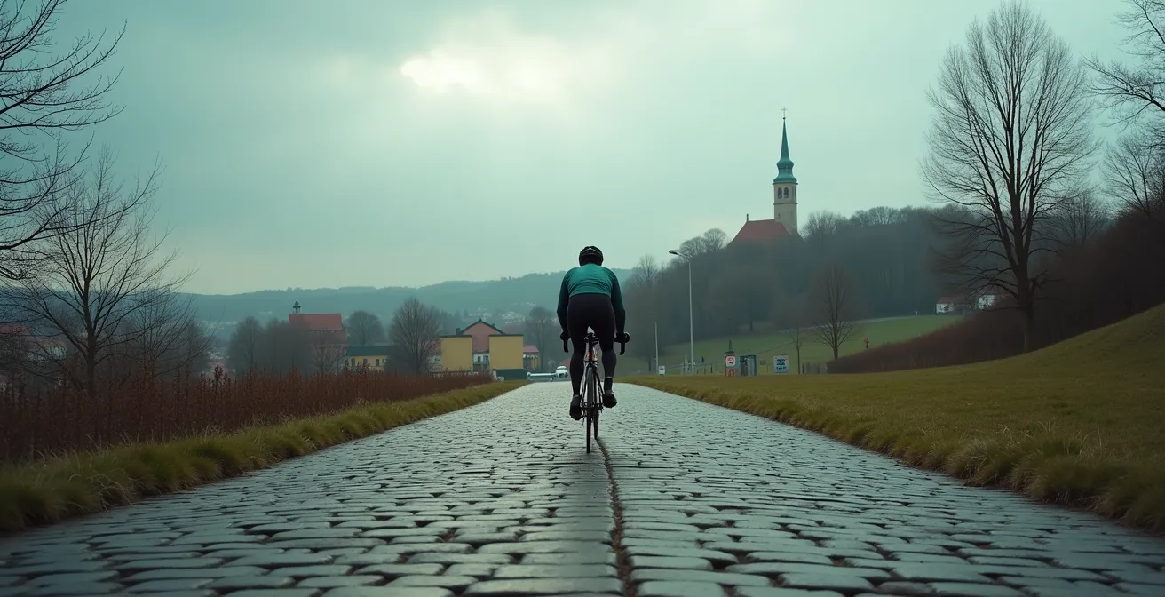 Wielertoerist traint op typische Vlaamse kasseienhelling met kerk op achtergrond