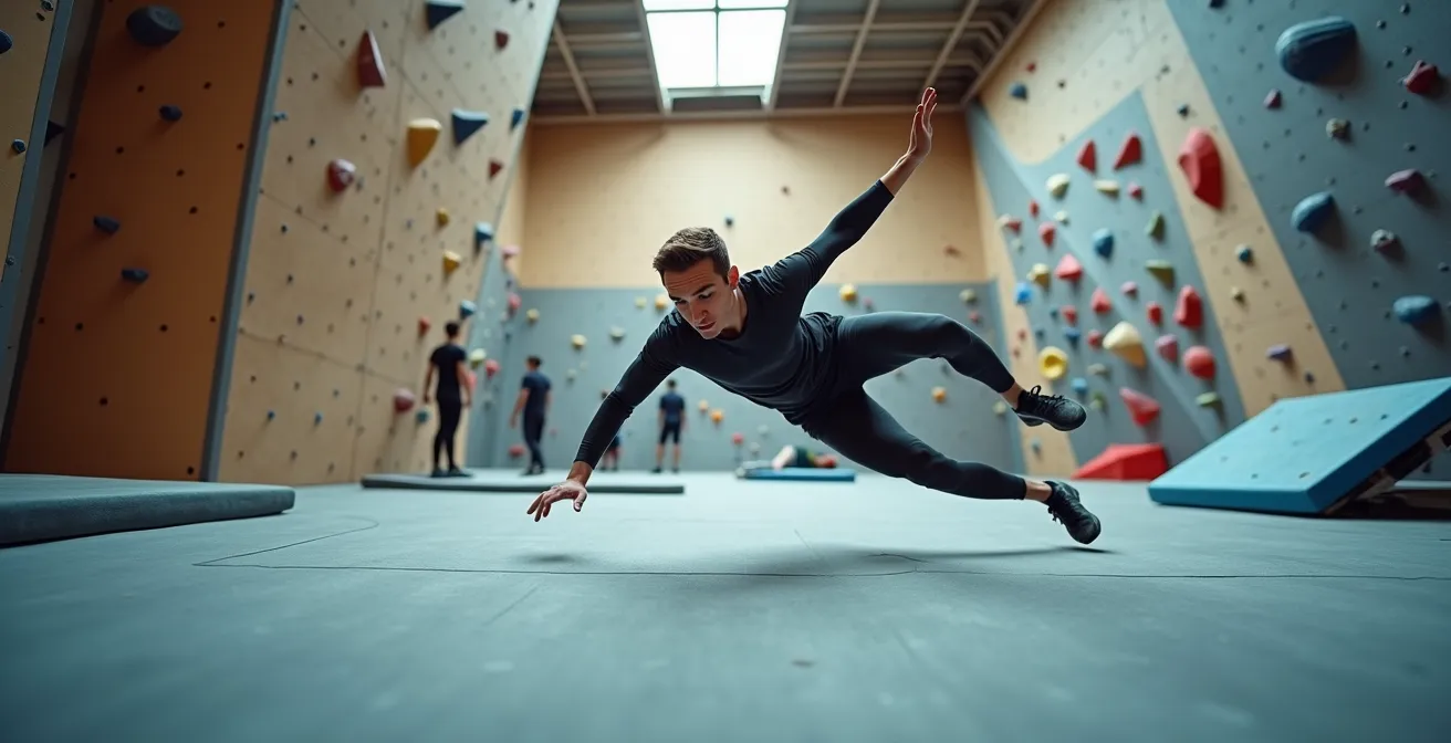 Boulderaar demonstreert veilige valtechniek op dikke mat