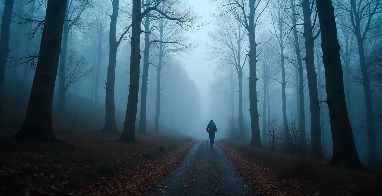 Eenzame wandelaar op mistig bospad tijdens zonsopgang in de Ardennen