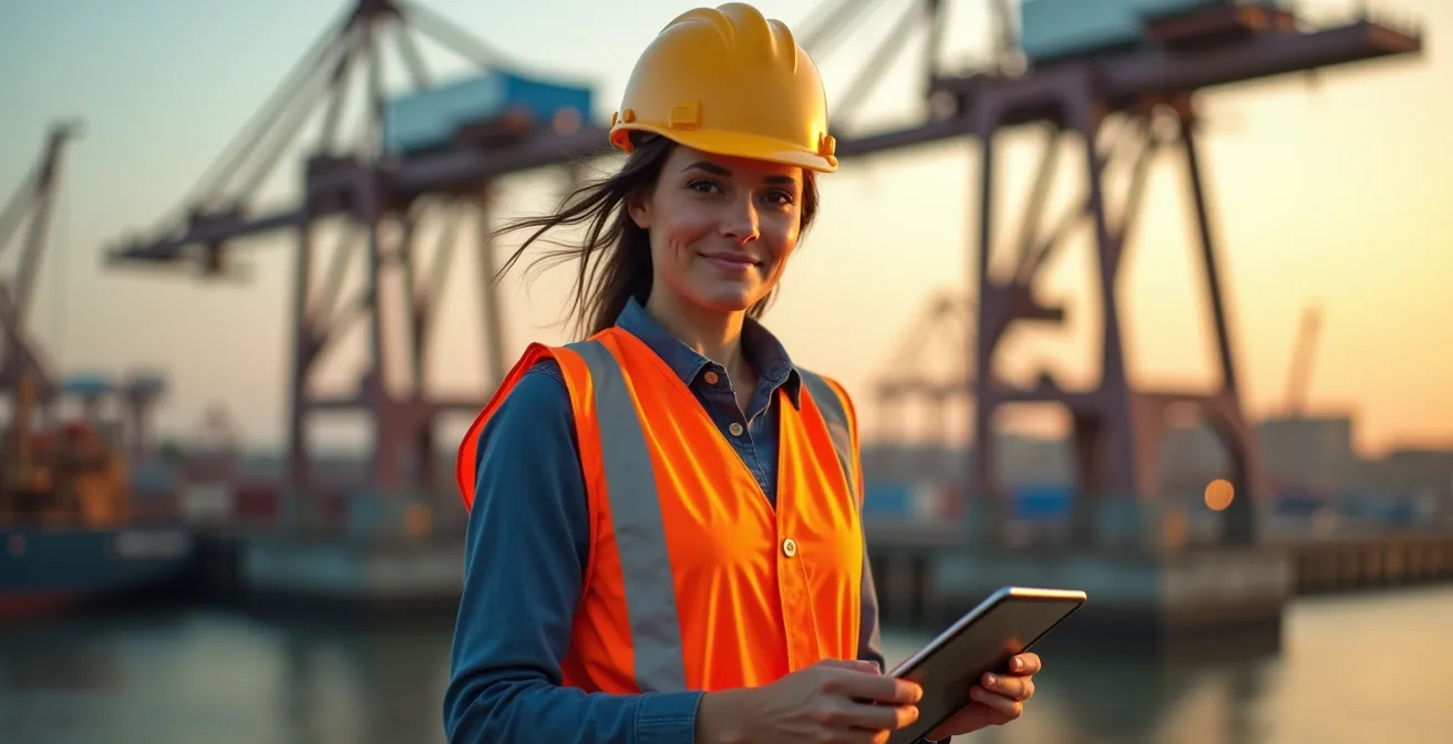 Vrouwelijke ingenieur inspecteert geavanceerde havenkraan technologie
