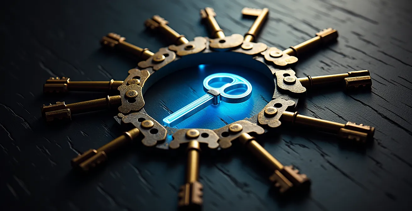 Close-up van handen die een digitale kluis met sleutels symbolisch weergeven