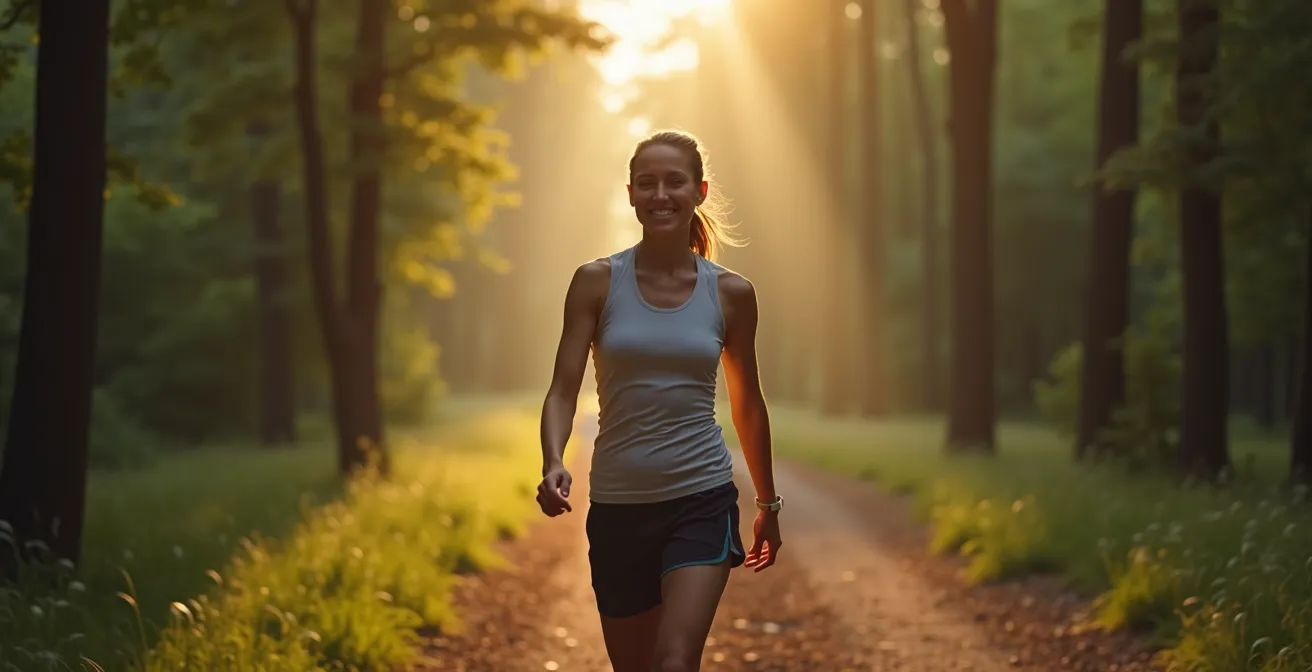 Wandelaar tussen bomen in rustig bos tijdens herstelwandeling