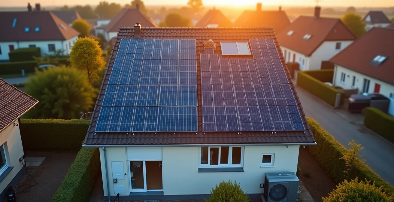 Luchtfoto van rijwoning met zonnepanelen en warmtepomp installatie