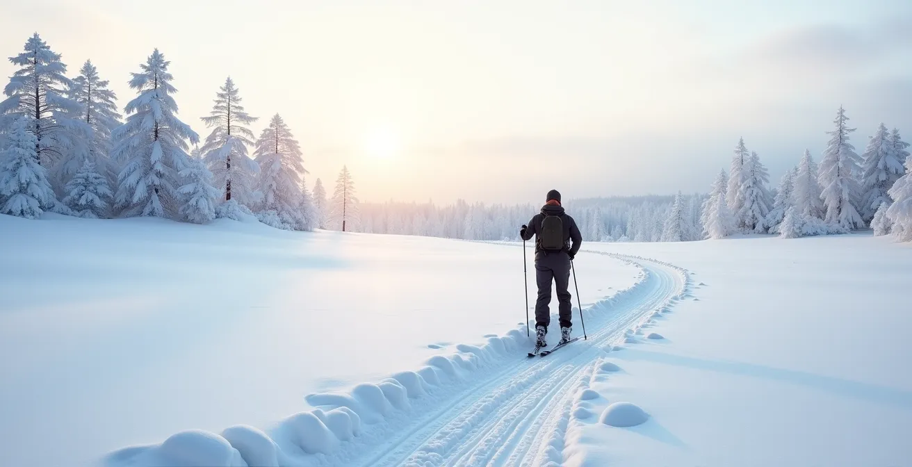 Langlaufer glijdt door besneeuwd veenlandschap met bevroren dennen
