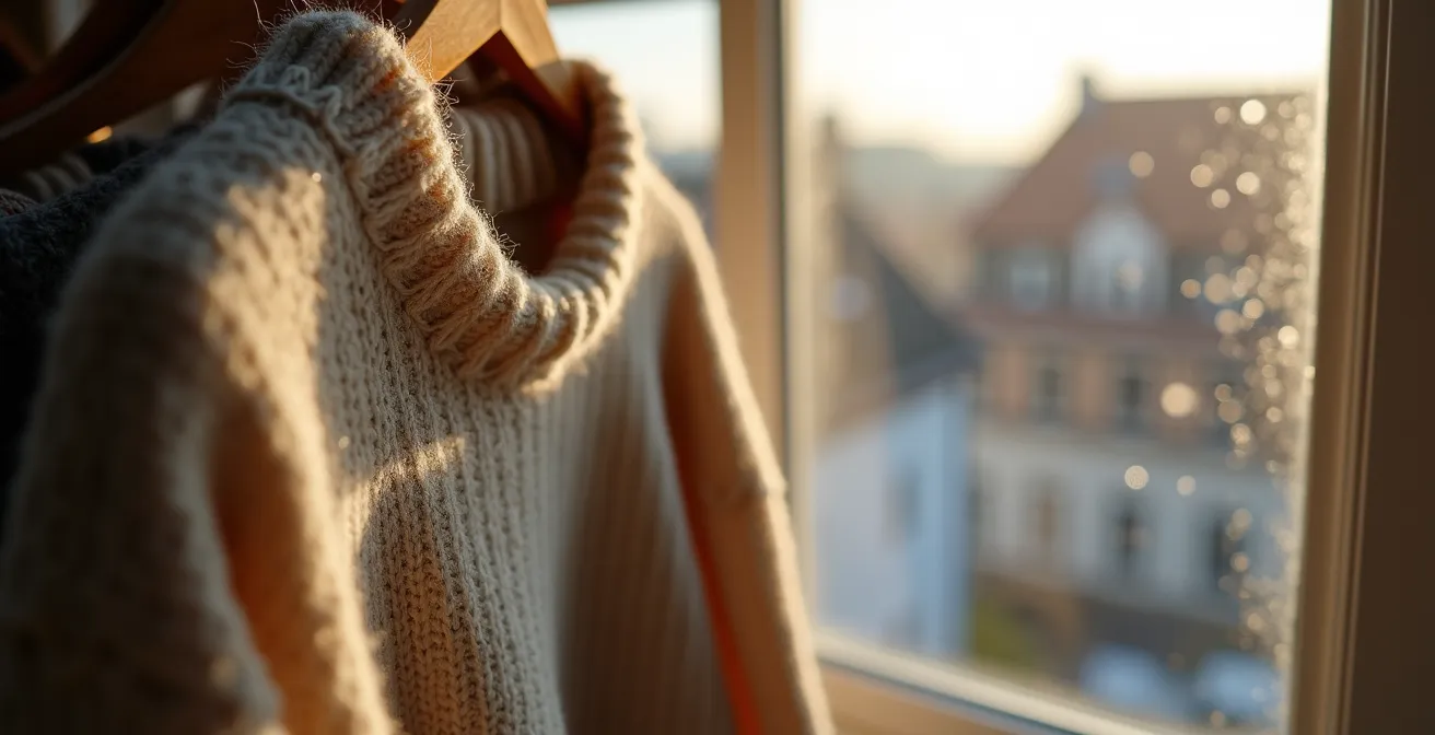 Wollen trui hangend aan houten kledinghanger bij open raam
