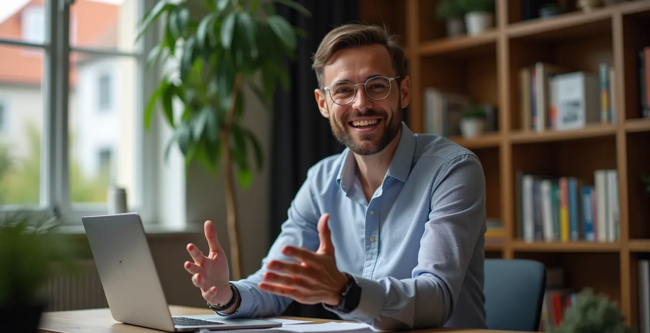 Professional die een online presentatie geeft vanuit thuiskantoor met zelfverzekerde houding