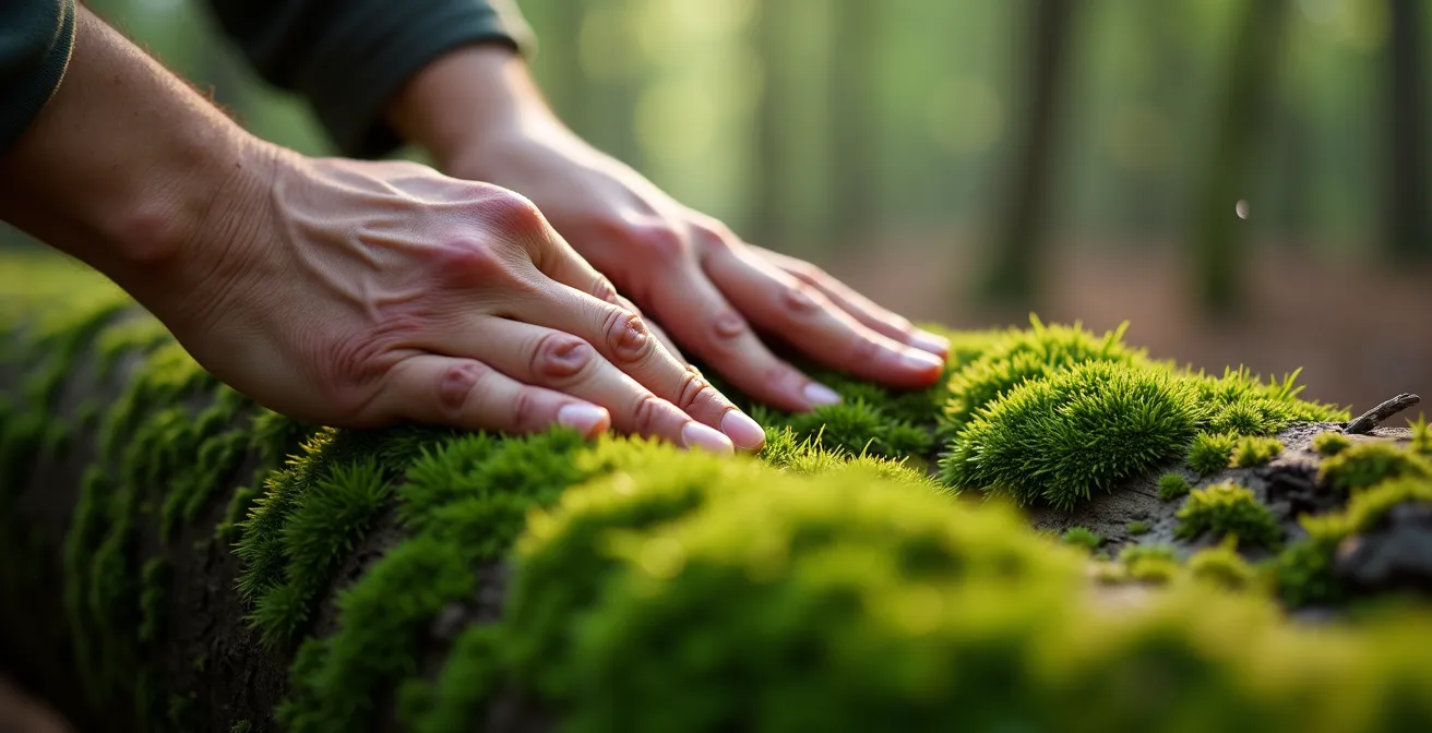 Close-up van handen die zacht over vochtig bosmos strelen tijdens bosbaden