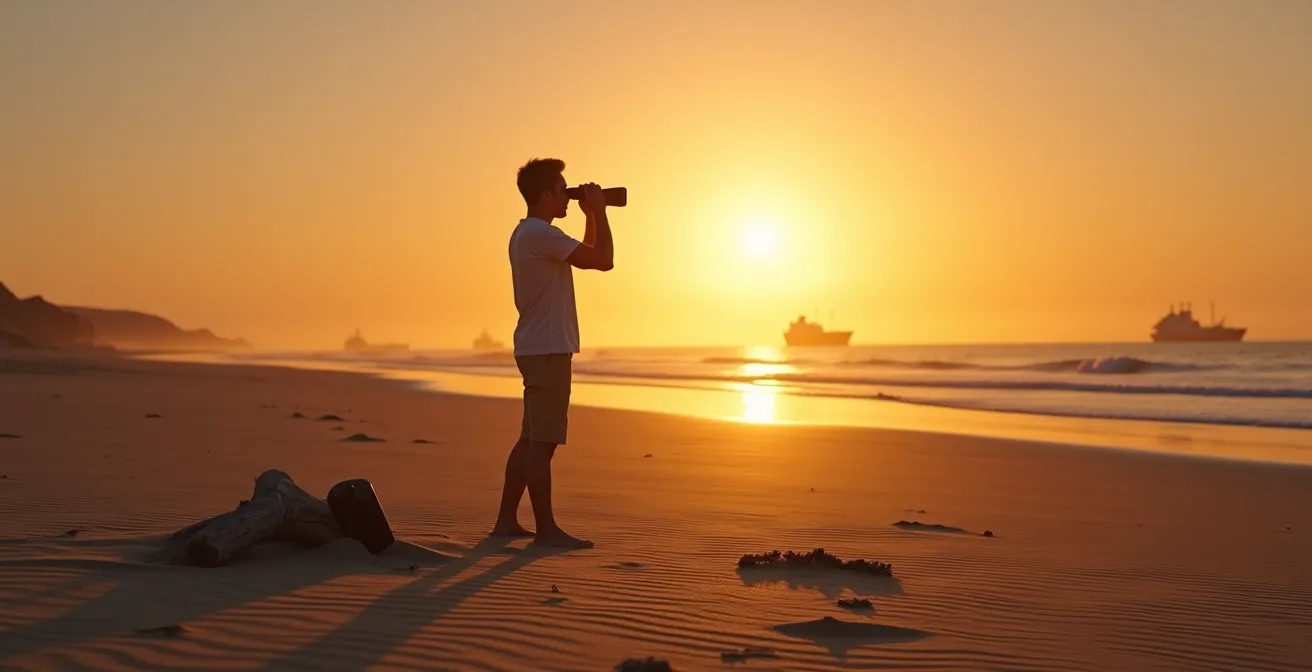 Eenzame wandelaar bij zonsondergang op leeg strand met verrekijker